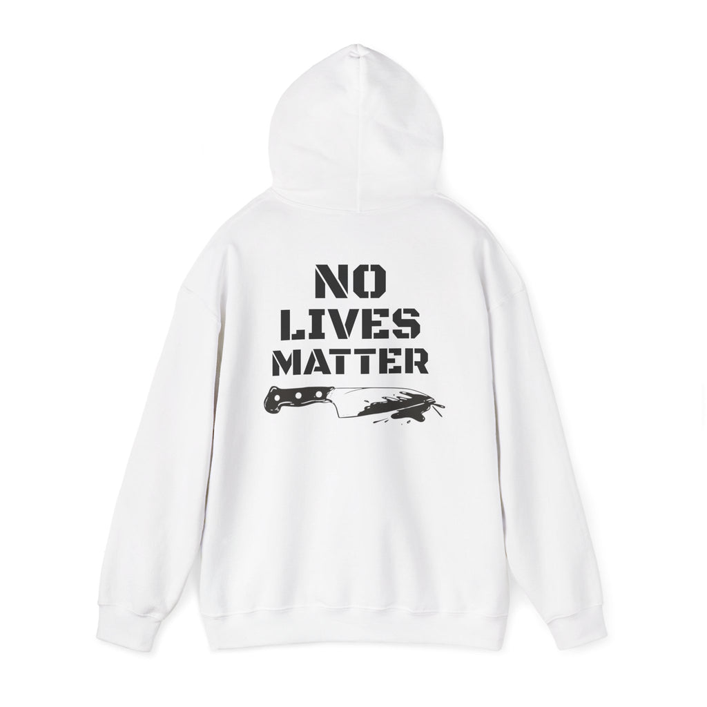 White heavy comfortable hoodie with funny joke no lives matter on back