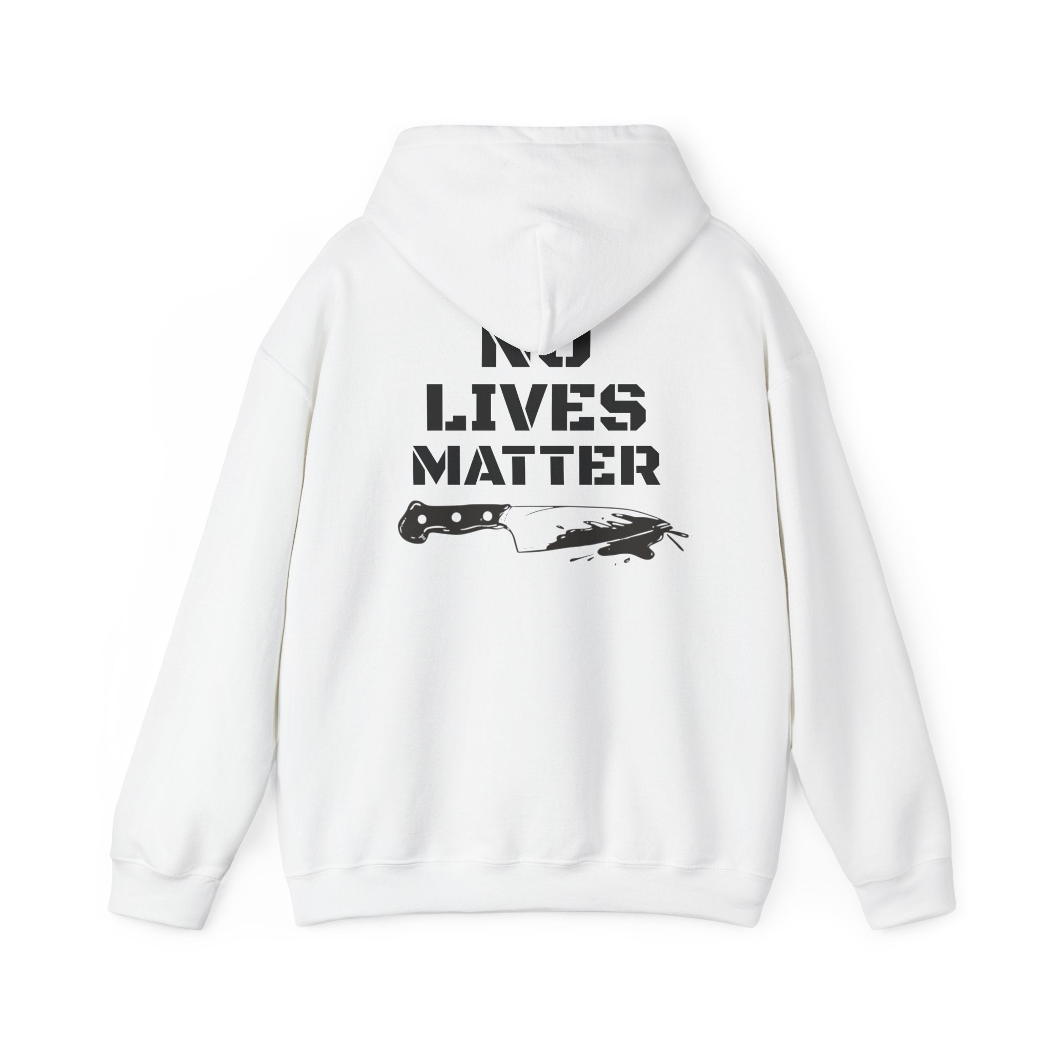 White heavy comfortable hoodie with funny joke no lives matter on back